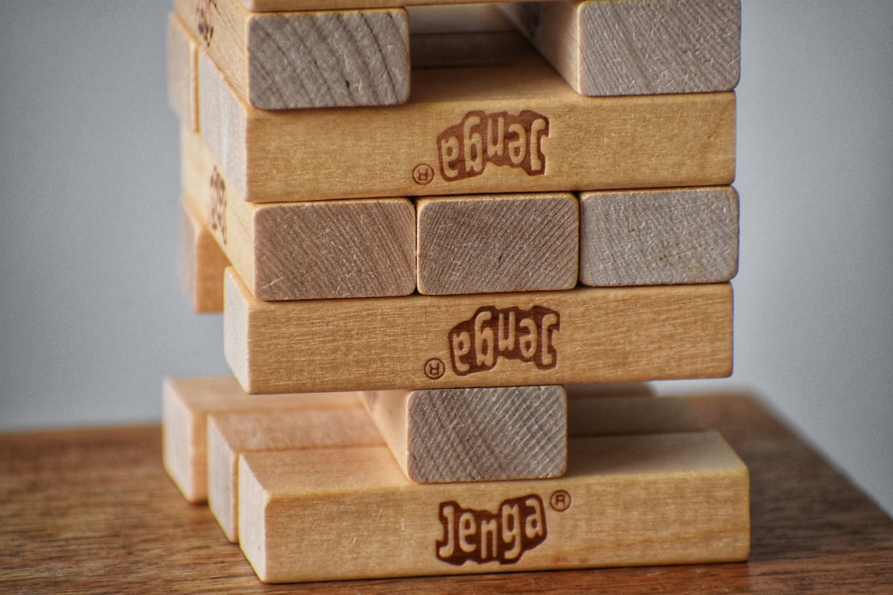 Closeup of wooden blocks placed on top of each other for playing board game